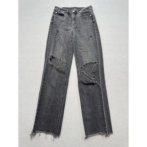 American Eagle Jeans Women's 00 Black Faded Straight Leg High Rise Distressed